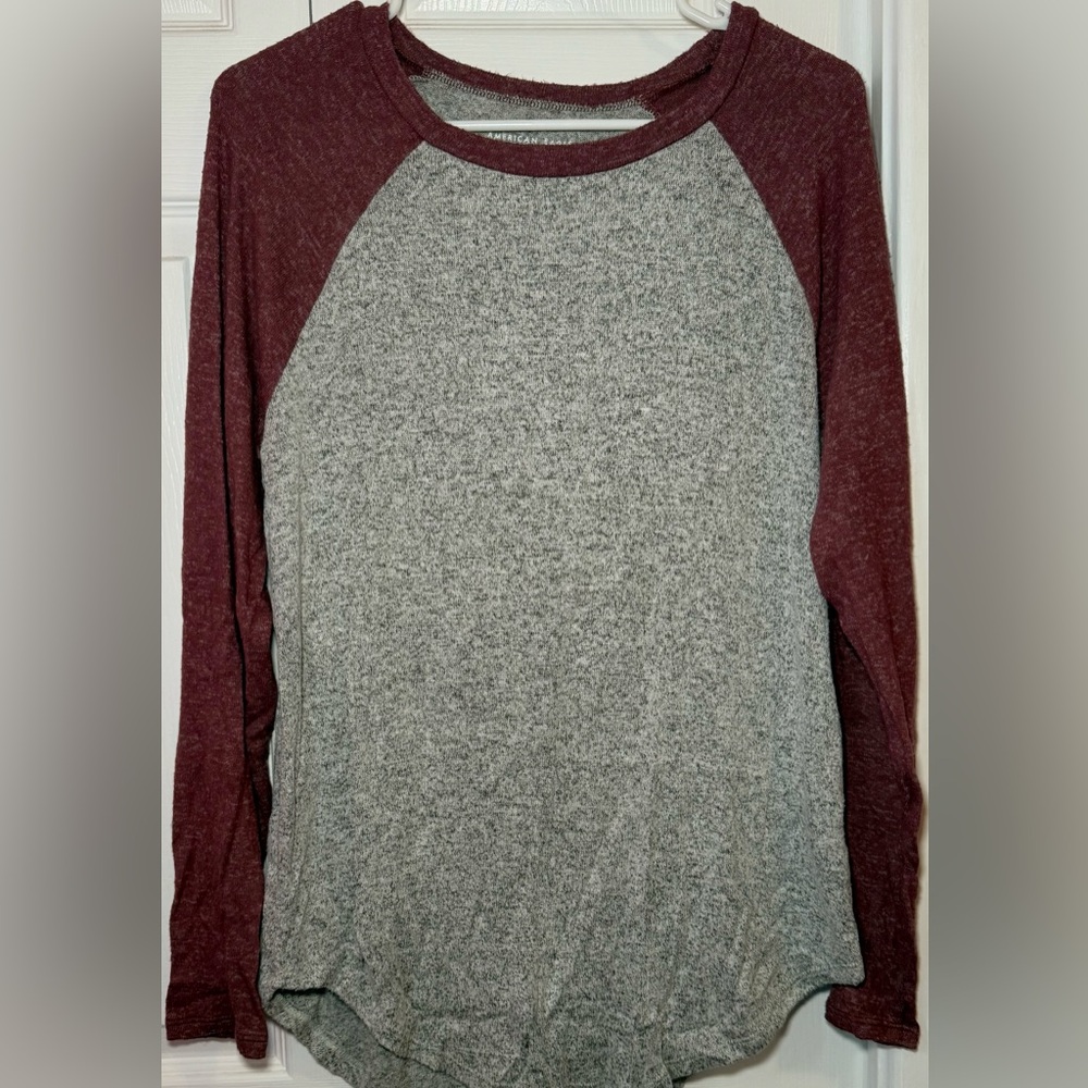 Women's Gray and Burgundy Soft Long Sleeve Top